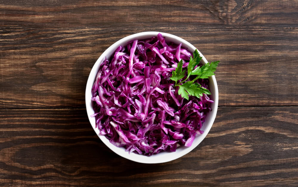red cabbage in a white bowl