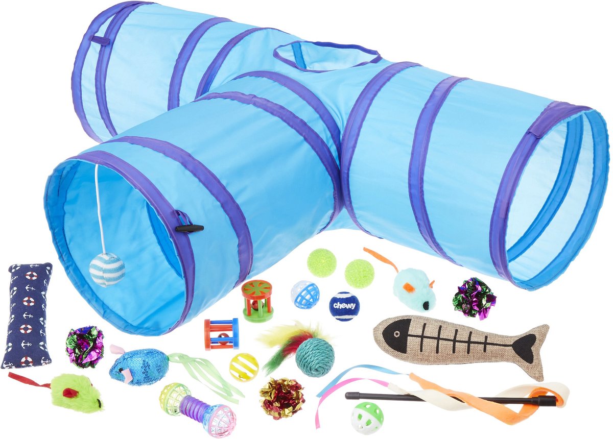 Frisco Plush, Teaser, Ball & Tri-Tunnel Variety Pack Cat Toy with Catnip, 20-count