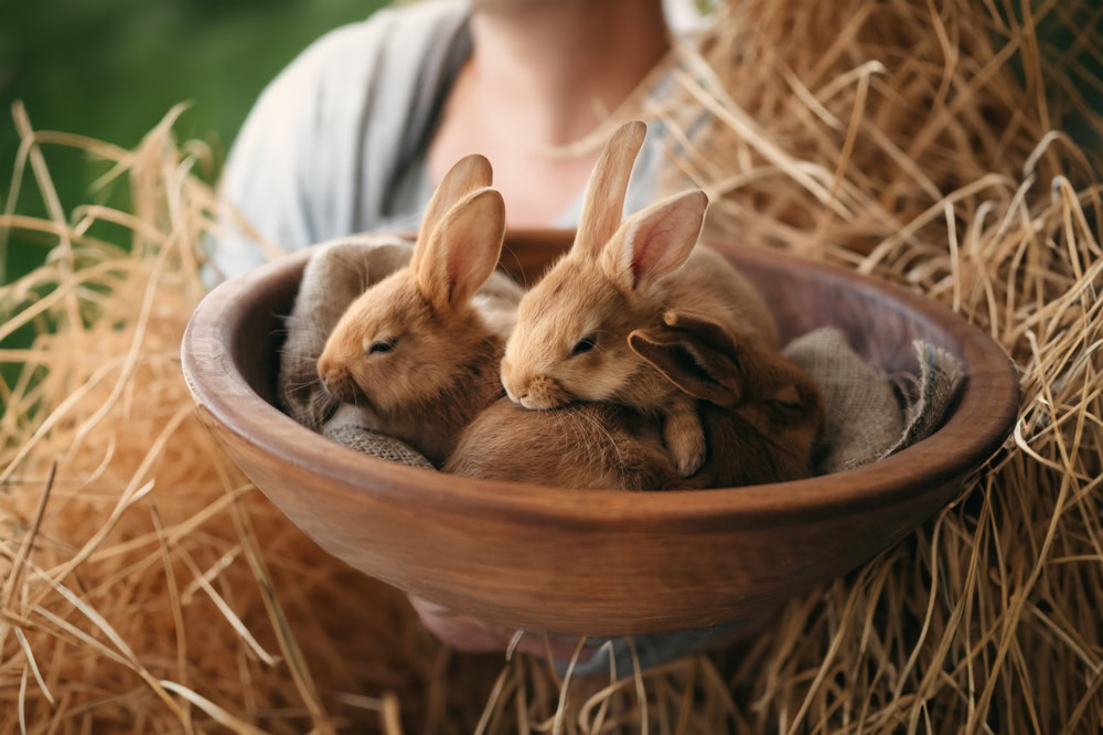 Three red-haired little rabbits in a wooden bowl