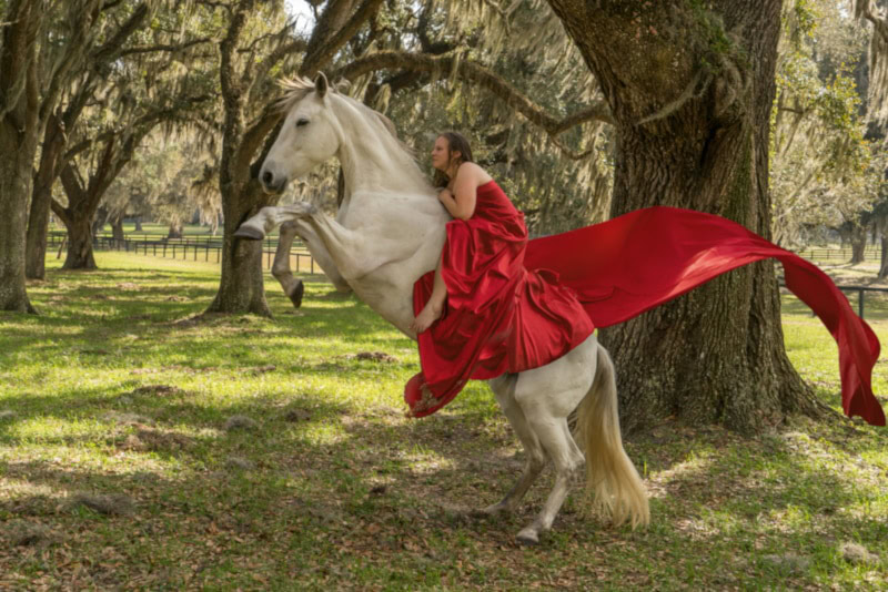 Girl in red dress riding an Azteca horse