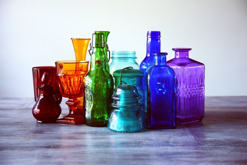 Multicolored jars on a table