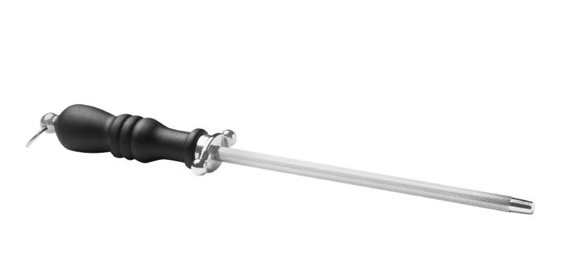 Sharpening stick with black handle isolated on white