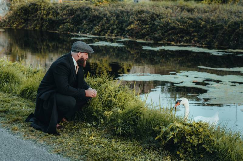 bearded man watching the swan