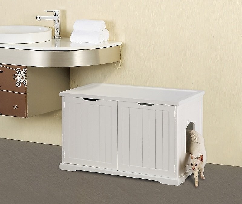 cat stepping out of Merry Products Cat Washroom Bench Decorative Litter Box Cover & Storage