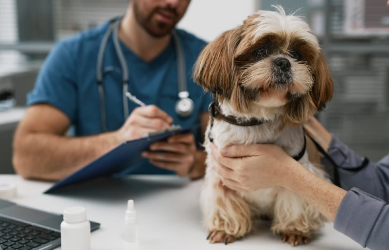parti yorkshire terrier at the vet