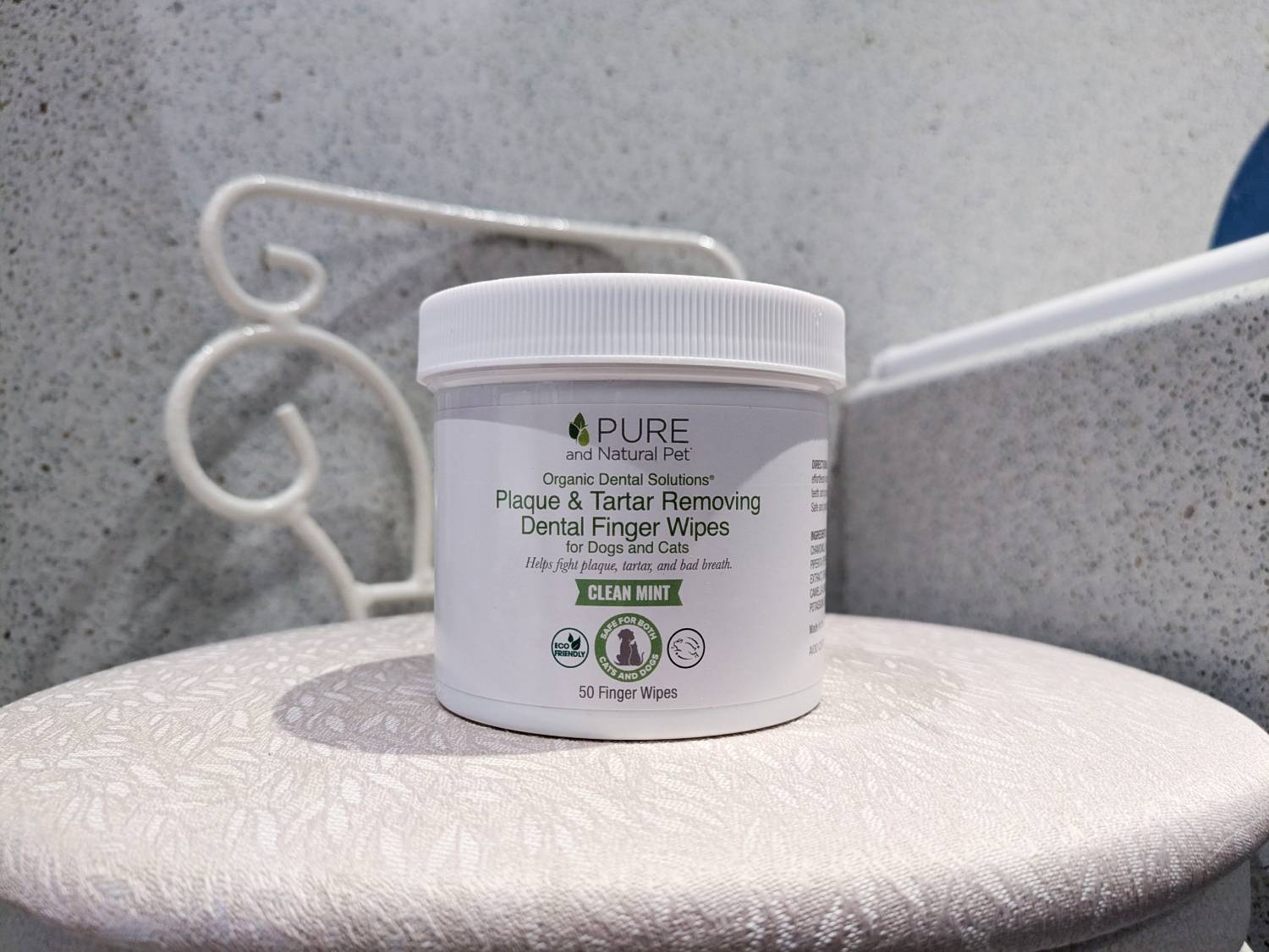 Pure And Natural Pet Dental Finger Wipes Review - product on chair